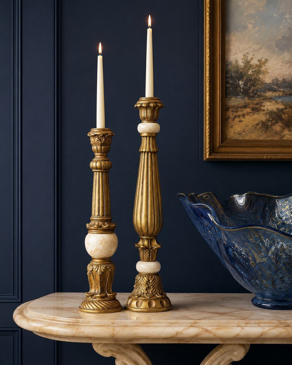 Vintage Stone & Gilt Resin Candlestick Set French Country Decor